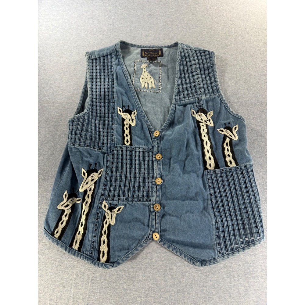 New Direction Vintage Denim Giraffe Embroidered Vest Blue Cotton Small
